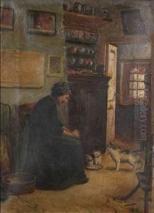 Boereninterieur Met Vrouw En Katten. by Charles Rousseau
