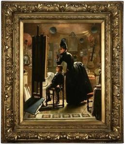 Mother And Son Viewing A Painting In An Artist's Studio - view 1
