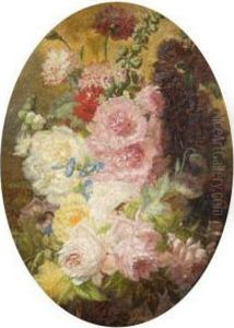 Bouquet De Fleurs Et Nature Morte Aux Fruits Et Au Perdreau Gris by Leon Rousseau