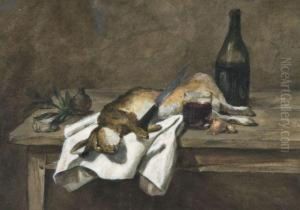 Lievre Et Bouteille De Vin Sur Une Table by Philippe Rousseau