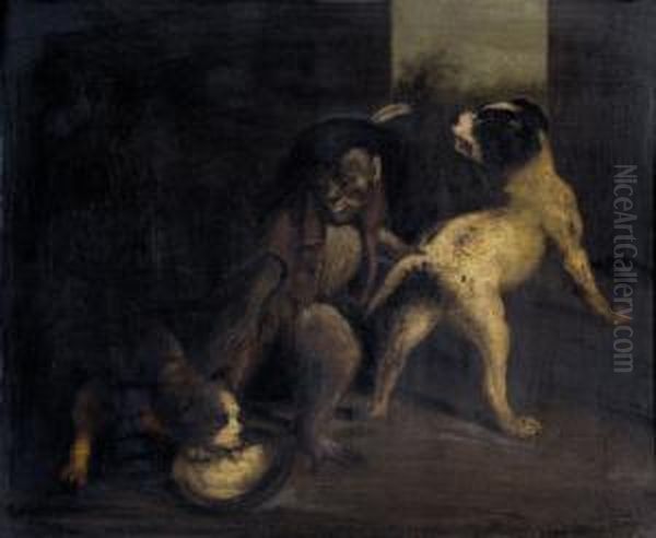 Verkleideter Affe Mit Zwei Hunden - view 1