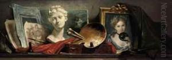 A Trompe-l'oeil Still Life Of A Portrait Of A Young Lady Holding A Mask, A Sculpted Marble Bust, A Palette With Paints And Brushes, A Leather Paintbox And Other Unfinished Sketches And Canvasses On A Long Work Table. - view 1
