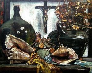 Still Life Of Crucifix, Bottles And Shells; by Philippe Rousseau