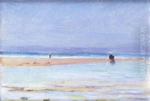 Pecheuse De Crevettes Sur La Plage by Charles Emmanuel Roussel
