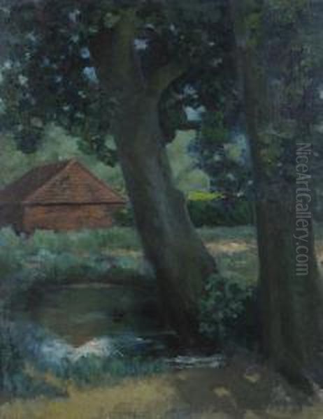 Trees By A Pond With Building Beyond - view 1
