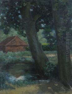 Trees By A Pond With Building Beyond by Theodore Casimir Roussel