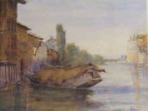 River Scene With Thatched Houseboat
