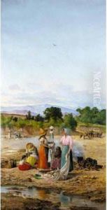 Mexican Figures Washing Clothes By A Stream by Francisco Amerigo Rouvier
