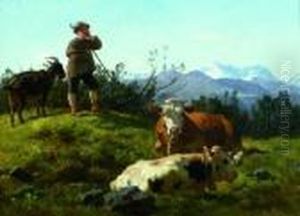 Hirte Mit Kuhen In Einer Gebirgslandschaft. Hirte Mit Kuhen In Einer Gebirgslandschaft.