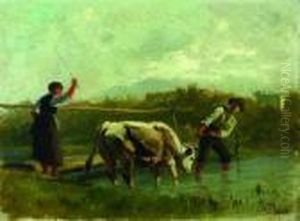 Zwei Bauern Mit Kuh. by Carl Roux