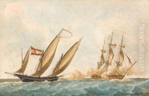 Combat Naval Entre Trois-mats Francais Et Goelette - view 1