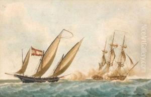 Combat Naval Entre Trois-mats Francais Et Goelette by Francois Geoffroy Roux