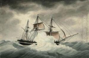 Le Grand Corneille 
 Under Reduced Sail In Stormy Weather by Francois-Joseph-Frederic Roux