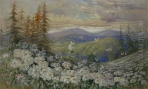 Untitled - Flowers And Butterflies On Hill Side by Marian Ellis Rowan