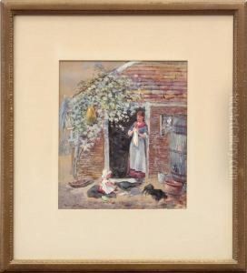 Mother Watching Child Feed Chickens