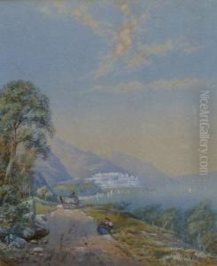 Italian Lake Scene 
 With Cart On A Track, A Town Beyond