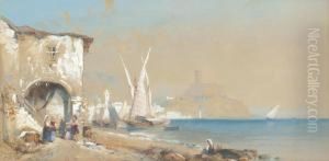 Figures On The Neapolitan Coast With Xebecs On The Beach Drying Their Sails by Thomas Charles Leeson Rowbotham