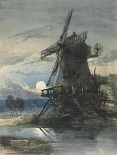 A Windmill Beside A River, Moonlight - view 1