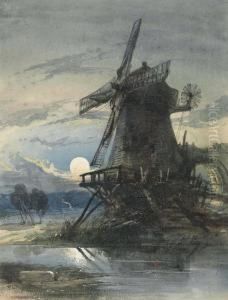 A Windmill Beside A River, Moonlight by Thomas Leeson Rowbotham