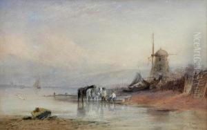 Fisherfolk With Heavy Horses By A Windmill On A Seashore by Thomas Leeson Rowbotham