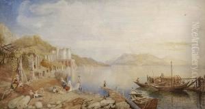 Continental Lakeland Landscape With Figures And Boats Amidst Ruins