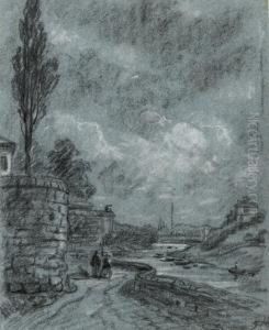 Figures Below Castle Ramparts On The Banks Of A River by George James Rowe