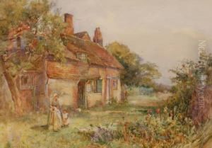 Womanand Child Feeding Geese Outside A Country Cottage by Sidney Grant Rowe