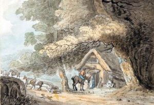 Rustics Before A Cottage With Bridge Beyond by Thomas Rowlandson