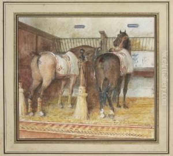 Two Horses And A Groom, In A Loose Box - view 1