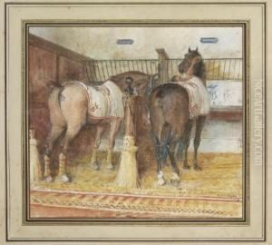 Two Horses And A Groom, In A Loose Box