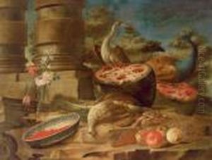 Natura Morta Di Frutta E Uccelli In Un Giardino by Felice Rubbiani