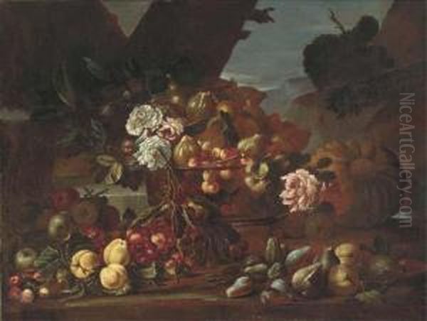 Cherries, Figs, And Roses In A Glass Bowl With Apples, Figs Andcherries On A Ledge In A Clearing - view 1