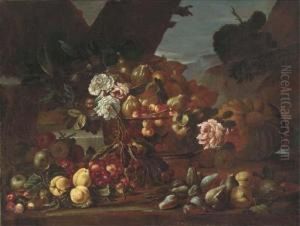 Cherries, Figs, And Roses In A Glass Bowl With Apples, Figs Andcherries On A Ledge In A Clearing by Felice Rubbiani
