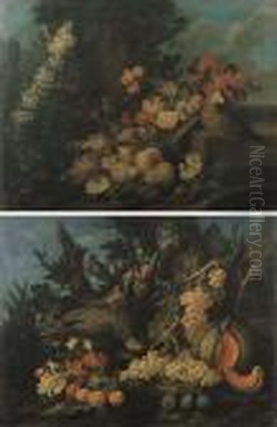 Pere, Pesche, Rose, Gelsomini Ed Altri Fiori In Un Piatto Di Paglia Che Poggia Su Un Piano Di Pietra Con Un Pappagallo En Plein Air - view 1