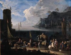 A Mediterranean Harbour With Merchants Unloading Cargo And Eleganttravellers On A Quay, At Sunset