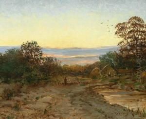 Abendlandschaft Mit Heimkehrendem Schafer Undgehoft