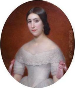 Portrait De Jeune Fille En Robe Blanche Ornee D'une Rose by Sophie, Nee Fremiet Rude