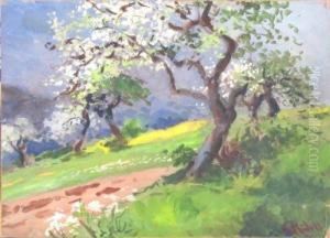 Mit Bluhendem Baum. Gouache Auf Auberginefarbenem Maschinenbutten.