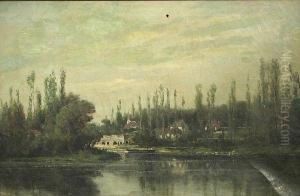 A River Landscape With Poplars Along The Riverbank