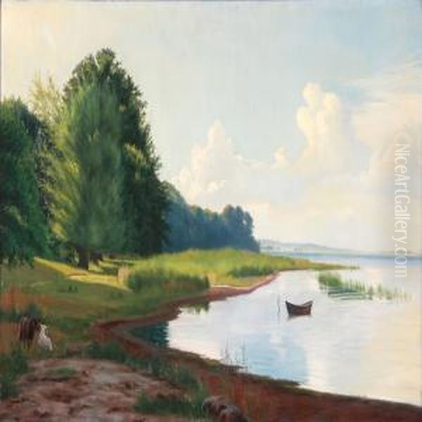Summer Idyll At A Bay With Grazing Sheeps - view 1