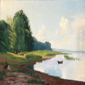 Summer Idyll At A Bay With Grazing Sheeps
