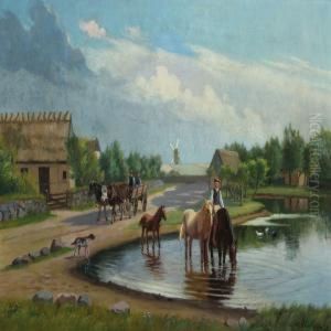 Villagescape With Ox-cart And Horses by Albert Rudinger