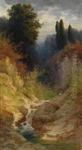 Woodland Landscape With Running Stream by Hermann Rudisuhli
