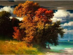 Herbstliche Seeuferlandschaft Mitbewegten Wolken Und Anglern Am Ufer by Hermann Rudisuhli