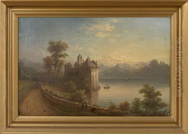 European Landscape With A Lakeside Castle And A Figure On A Path - view 1