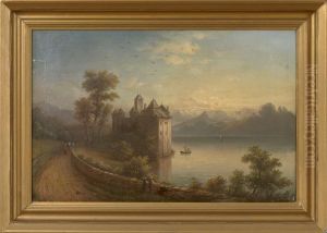 European Landscape With A Lakeside Castle And A Figure On A Path by Harold Rudolph