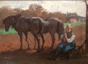 Auf Feld Rastender Bauer Mit Pferdegespann by Johannes Rudolphi