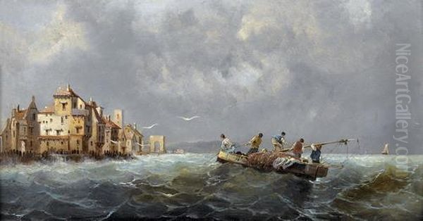 Bemanntes Boot Auf Sturmischer See Bei Pittoresker Stadt - view 1