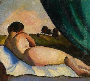 Liegender Weiblicher Akt Vor Landschaft by Ernst Georg Ruegg