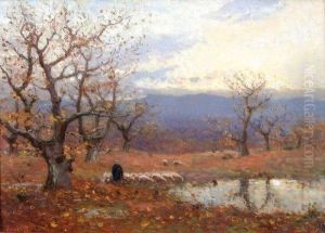 Bergere Et Son Troupeau Pres D'un Etang A La Fin Du Jour by Paul Ruet